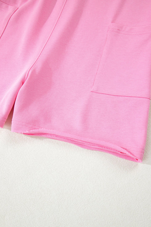 Solid Raw Edge Half Sleeve Pocketed Loose Romper