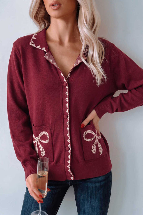 Bow Pocket Collared Long Sleeve Knit Cardigan