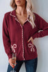 Bow Pocket Collared Long Sleeve Knit Cardigan