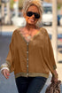 V Neck Glitter Trim Patchwork Button Front Blouse