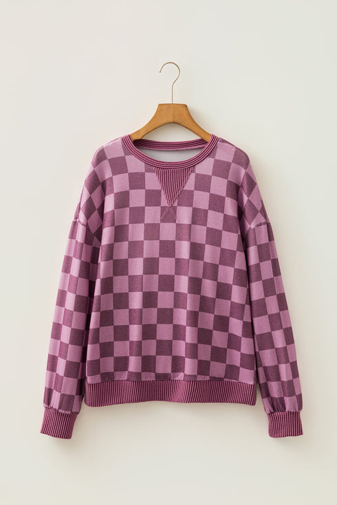 Bold Checkerboard Print Ribbed Trim Pullover Top