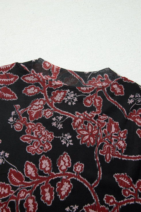 Retro Floral Print Long Sleeve Mesh Maxi Dress