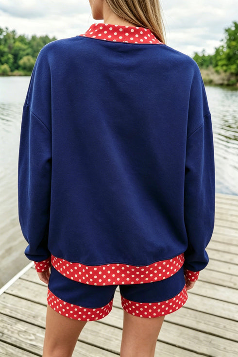 Polka Dot Trim Baggy Pullover Two Piece Short Set