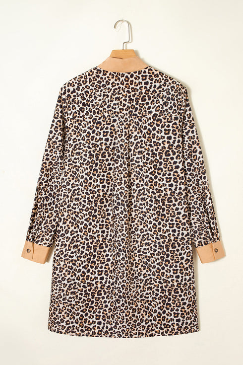 Western Leopard Print Striped Collar Flared Mini Dress