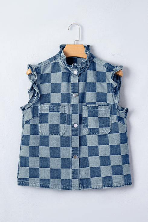 Western Checkered Ruffle Trim Button Down Denim Vest