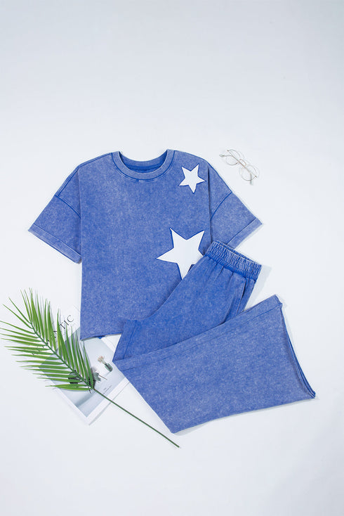 Acid Wash Star Applique Rolled Trim Pants Set