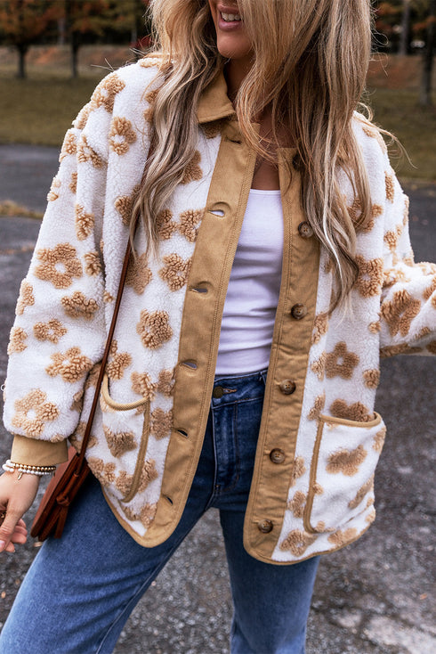 Flower Pattern Button Up Sherpa Fleece Jacket