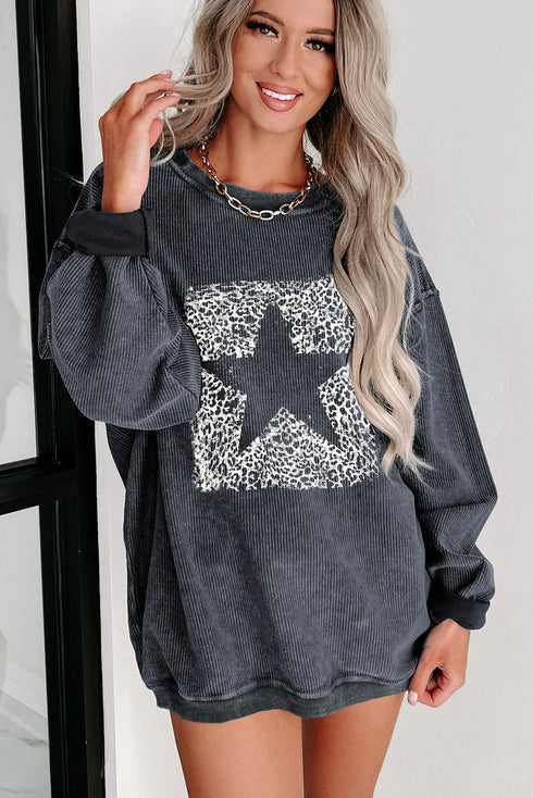 Oversized Corded Knit Distressed Star Graphic Pullover Sweatshirt