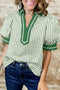 Striped Collared Split Neck Short Puff Sleeve Blouse
