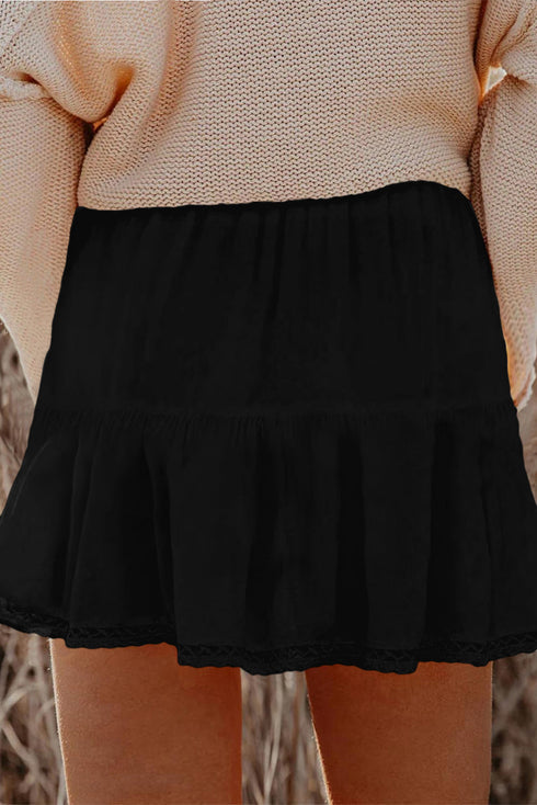 Bohemian Frilled Elastic Waist Lace Trim Ruffled Shorts