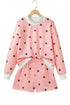 Polka Dot Ribbed Trim Long Sleeve Short Set