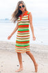 Striped Crochet Knit Collared Sleeveless Shift Dress