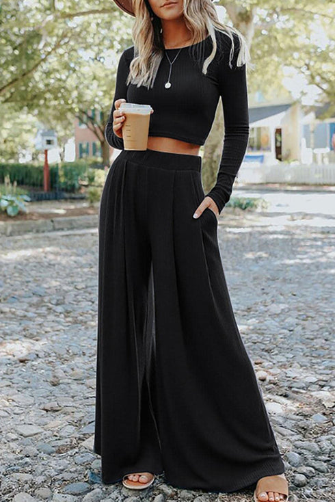 Minimalist Ribbed Crop Top And Long Pant Sets
