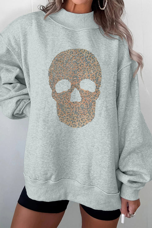 Rhinestone Skull Graphic Mock Neck Baggy Pullover Sweatshirt