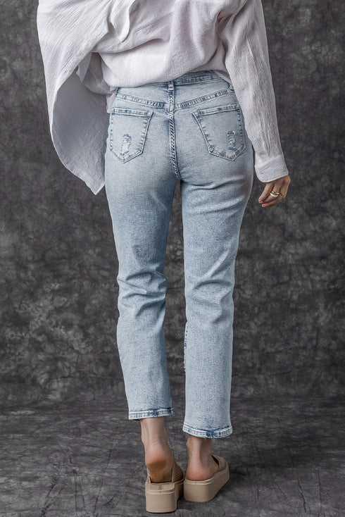 Distressed Frayed Slim Fit High Waist Denim Jeans