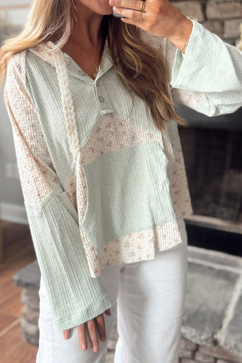 Floral Patchwork Ribbed Button Hooded Long Sleeve Top