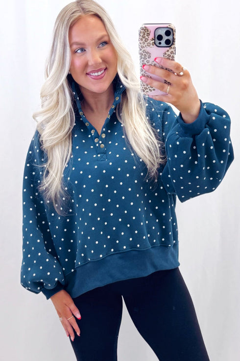 Metal Button Polka Dot Print Collar Pullover Sweatshirt