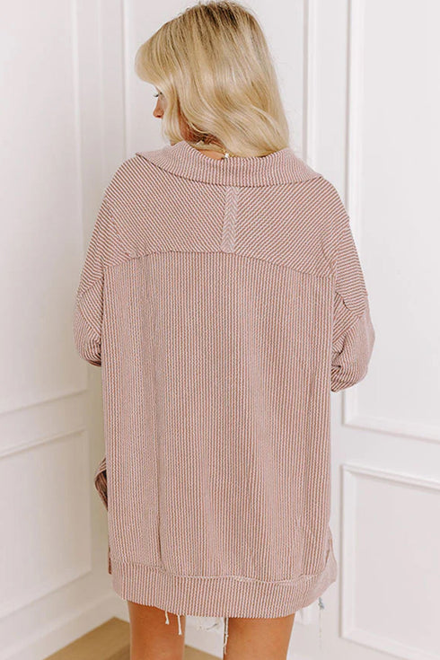 Twist Ribbed Zip Collar Drop Shoulder Long Sleeve Top