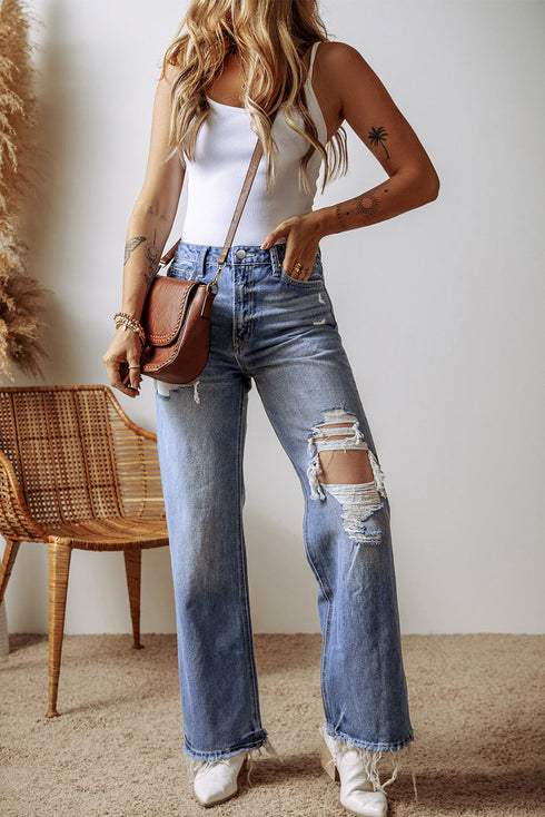 Distressed Cut Out Raw Hem Wide Leg Jeans