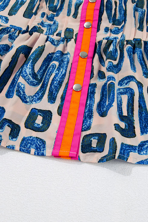 Abstract Print Bubble Sleeve Button up Mini Dress