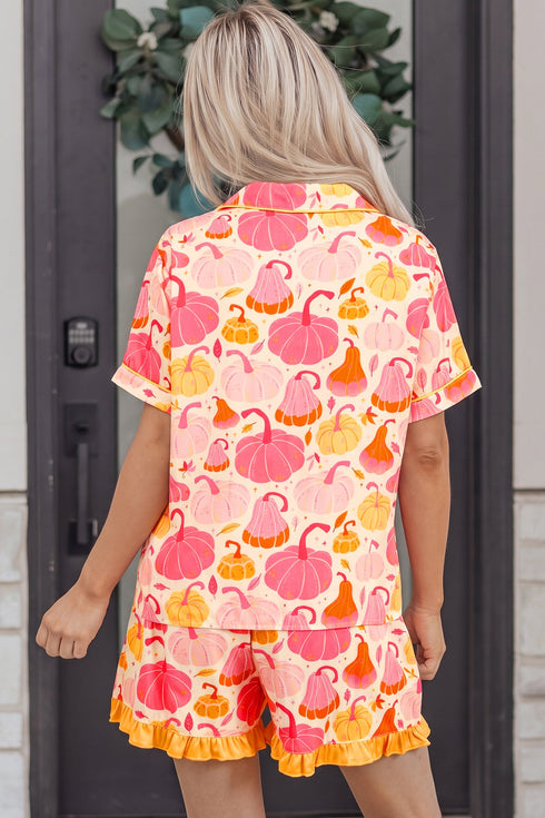 Pumpkin Print Pocket Placket Shell Button Lounge Set