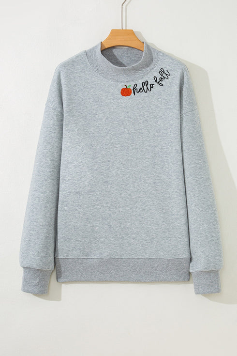 Hello Embroidered Pumpkin Graphic Mock Neck Sweatshirt