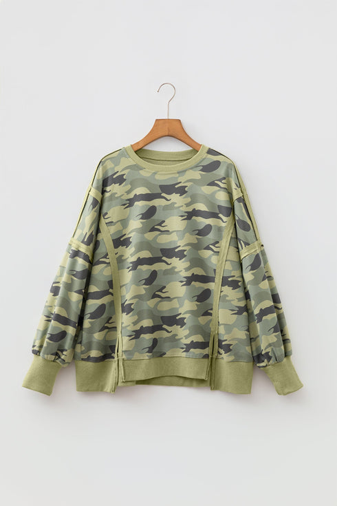 Camouflage Waffle Knit Raw Edge Trim Oversized Long Sleeve Top