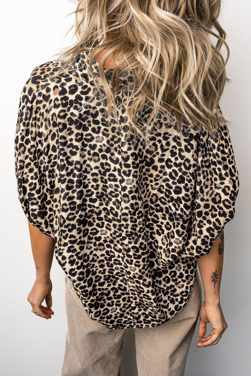 Leopard Trim V Neck Half Sleeve Western Dolman Blouse