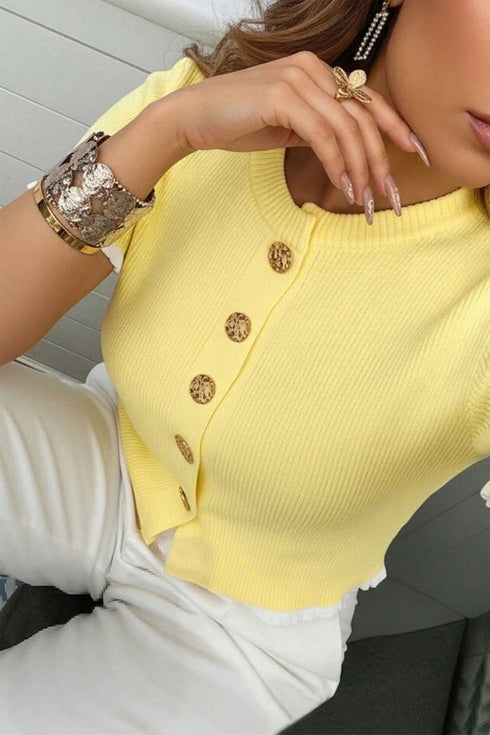 Ribbed Knit Frilled Trim Cardigan Short Sleeve Sweater