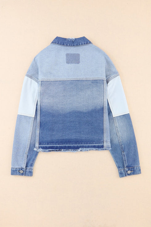 Casual Patchwork Distressed Frayed Hem Denim Jacket