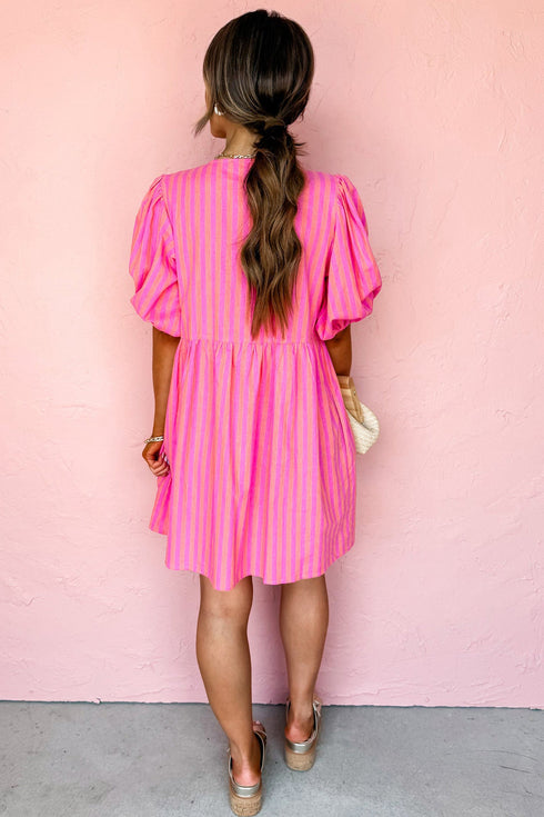 Striped Short Puff Sleeve Bow Detail Mini Dress