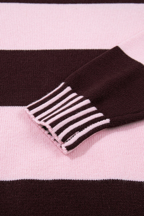 Striped High Neck Dropped Shoulder Relaxed Pullover Sweater