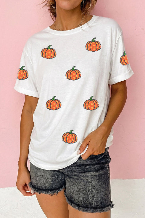 Sequined Star Pumpkin Graphic Round Neck Tee
