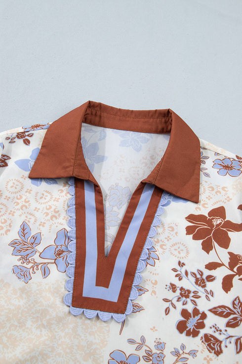All Over Floral Print V Neck Long Sleeve Blouse