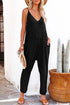 Exclusive Textured Ribbed Sleeveless V Neck Pocketed Jumpsuit
