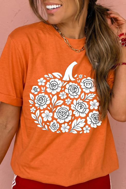 Floral Pumpkin Graphic Cuffed Sleeve Statement Tee
