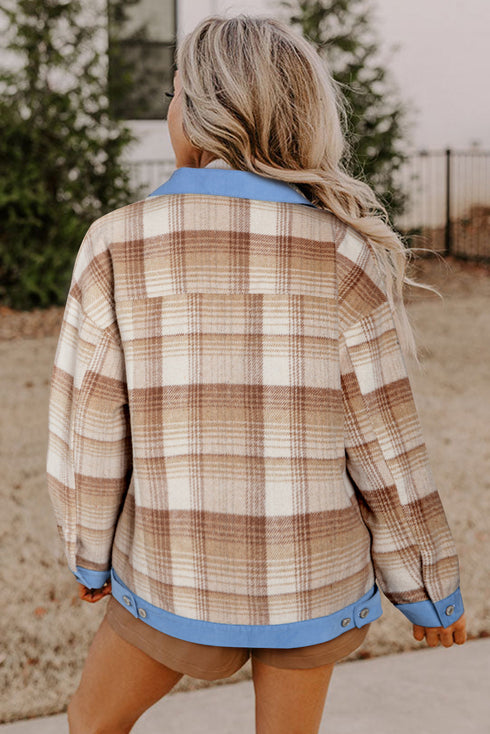 Casual Plaid Patchwork Flap Detail Button Up Shacket
