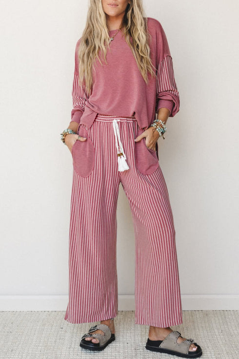 Raw Seam Patchwork Long Sleeve Top Pocketed Wide Leg Pant Set