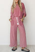 Raw Seam Patchwork Long Sleeve Top Pocketed Wide Leg Pant Set