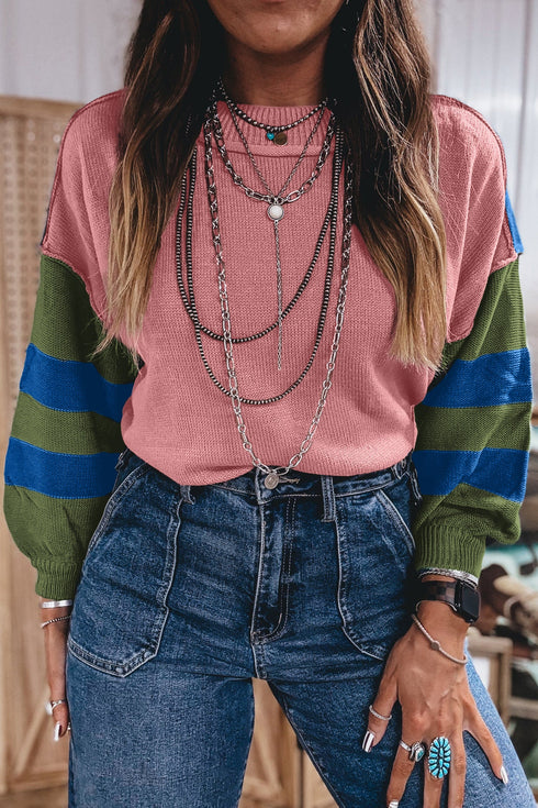 Western Patchwork Striped Long Sleeve Pullover Sweater