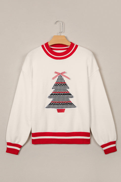 Plaid Tree Applique Round Neck Loose Sweater