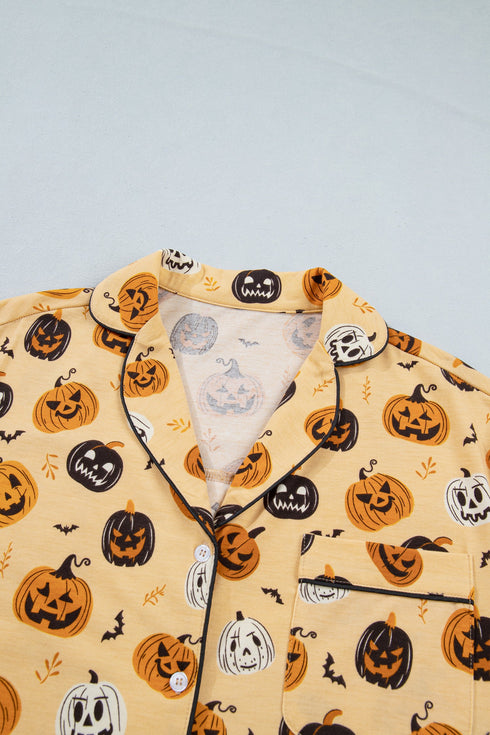 Pumpkin Face Print Ruffle Long Sleeve Two Piece Lounge Set