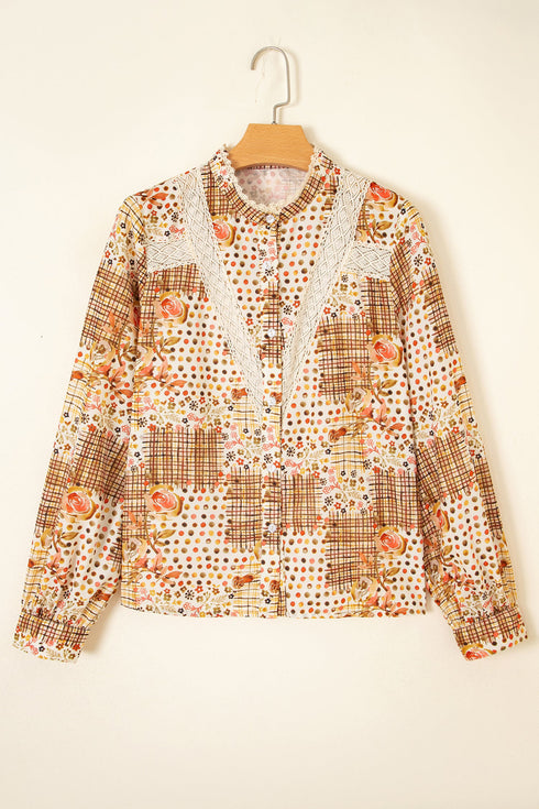 Floral Lace Trim Button Down Long Sleeve Blouse