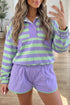 Striped Half Button Long Sleeve Mix Match Short Set