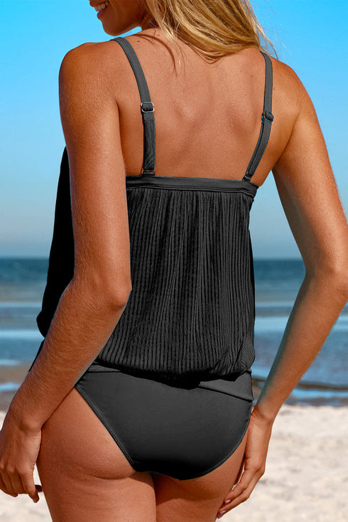 Ribbed Texture Blouson Fit Square Neck Tankini Top