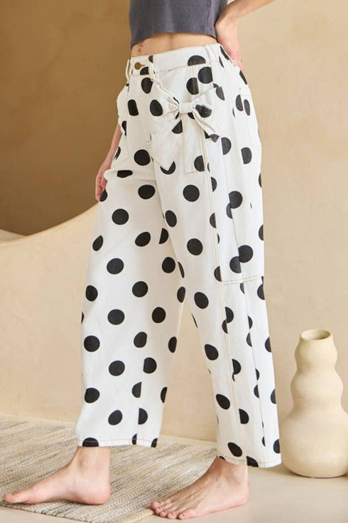 Polka Dot Print Bow Detail Pocketed Denim Jeans