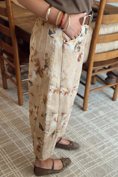 Denim Retro Floral Print Relaxed Barrel Jeans