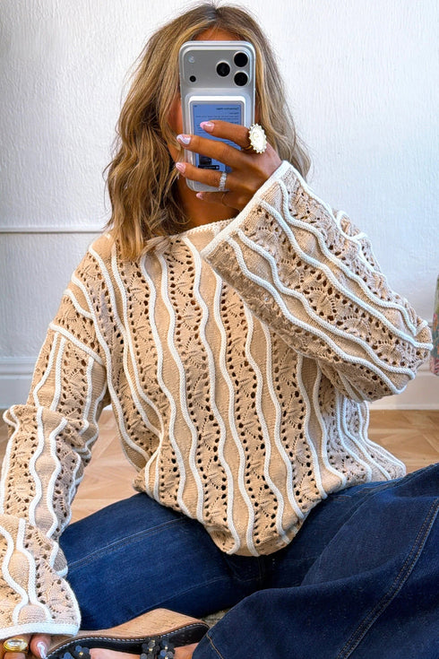 Wavy Hollow Out Knit Cotton Pullover Long Sleeve Sweater