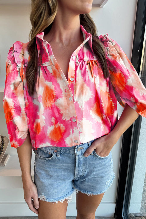 Abstract Burst Print Puff Sleeve Button Front Shirt