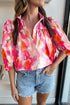 Abstract Burst Print Puff Sleeve Button Front Shirt